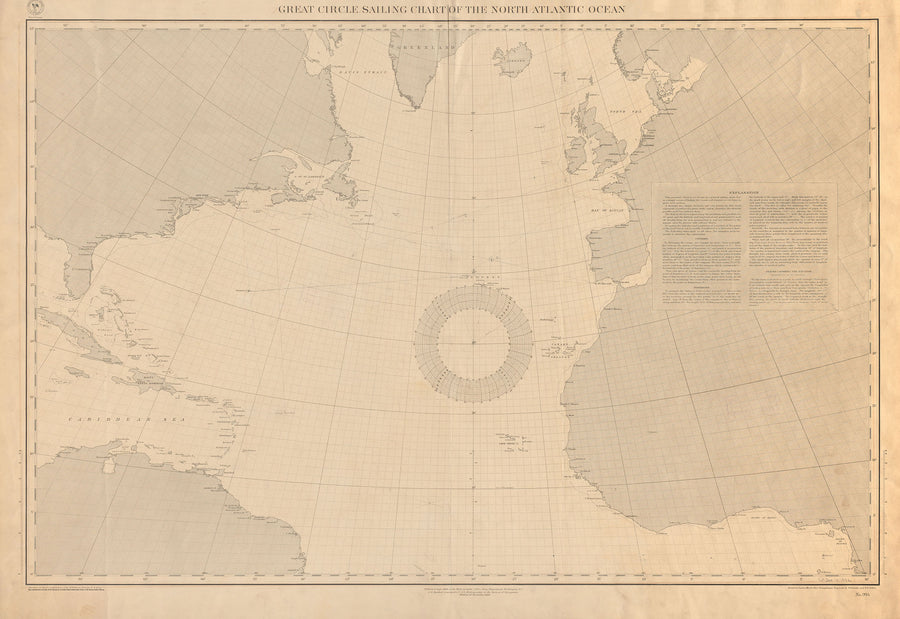 Great Circle Sailing Chart - North Atlantic Ocean Map - 1888