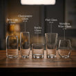 Load image into Gallery viewer, five different types of glassware, including a champagne glass, a beer glass, a pint glass, a rocks glass, and a stemless wine glass, each with a specific size indicated.
