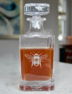 Bee Engraved Whiskey Decanter - 26oz Square Crystal Decanter with Stopper