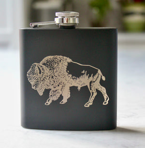 Bison Engraved Stainless Steel Flask - 6 oz.