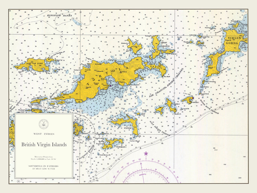 British Virgin Islands Map (BVI) - 1962 - Nautical Chart Print - Paper | Canvas | Metal