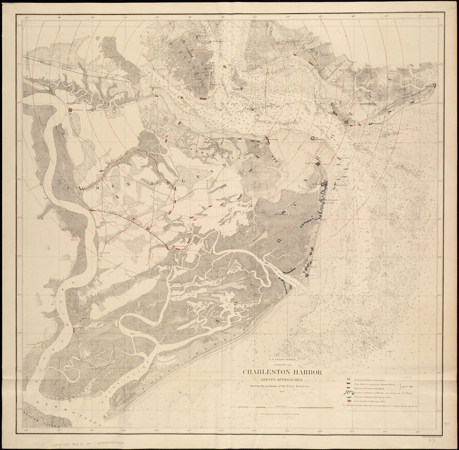 Charleston Harbor and Approaches Map 1863 - Position of Rebel Batteries (square)