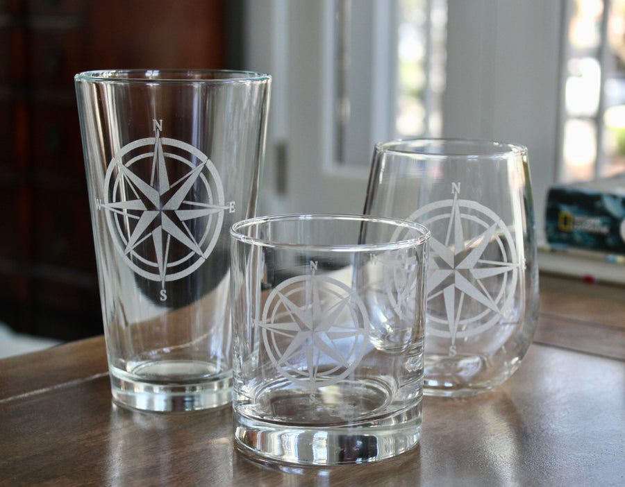 Compass Rose Engraved Glasses