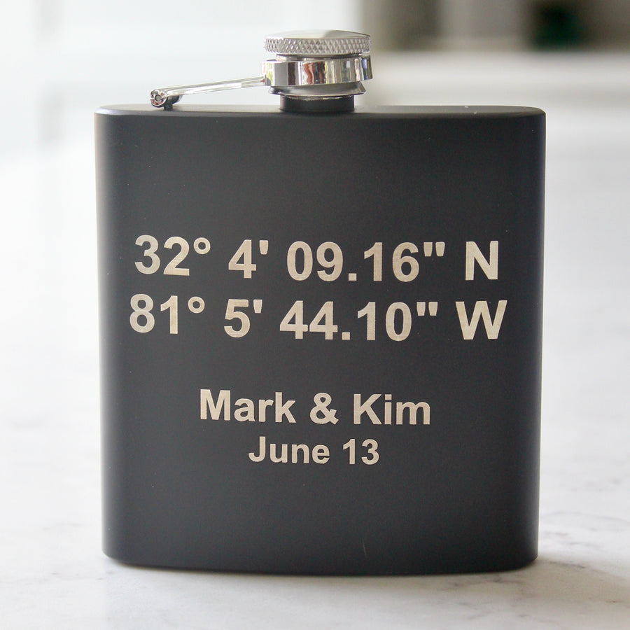 Custom GPS Coordinates Engraved Stainless Steel Flask - 6 oz.