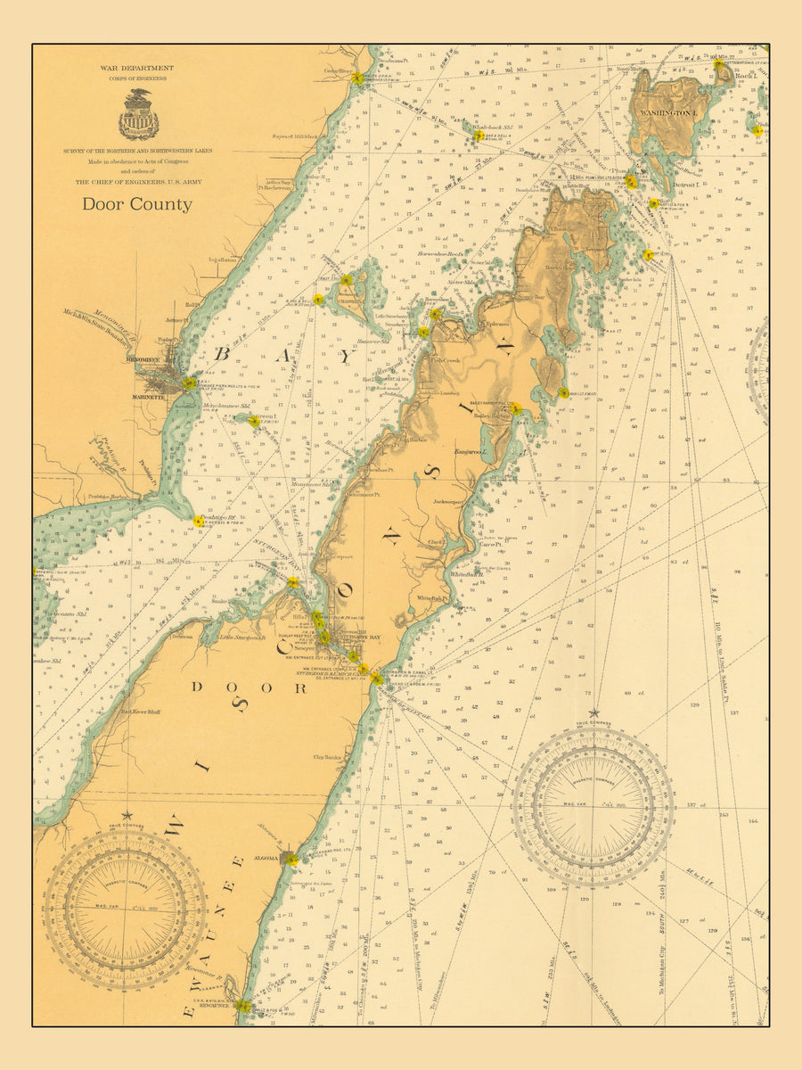 Door County Map 1917 - Nautical Chart Print - Paper | Canvas | Metal
