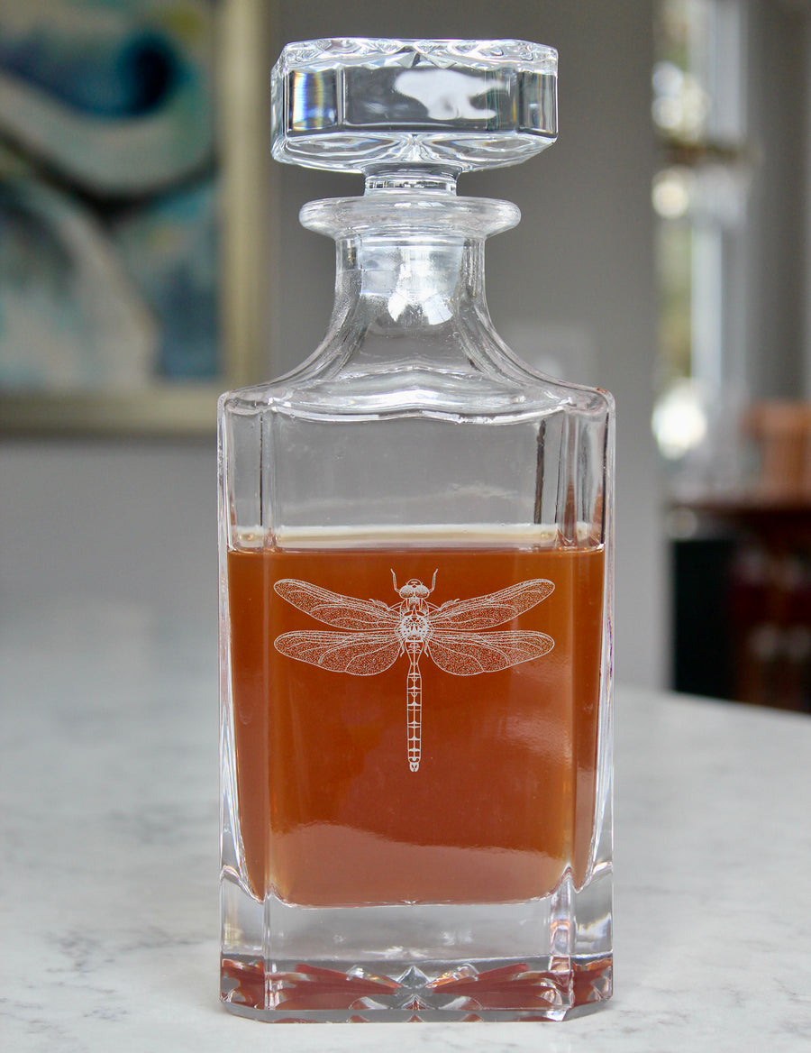 Dragonfly Engraved Whiskey Decanter - 26oz Square Crystal Decanter with Stopper