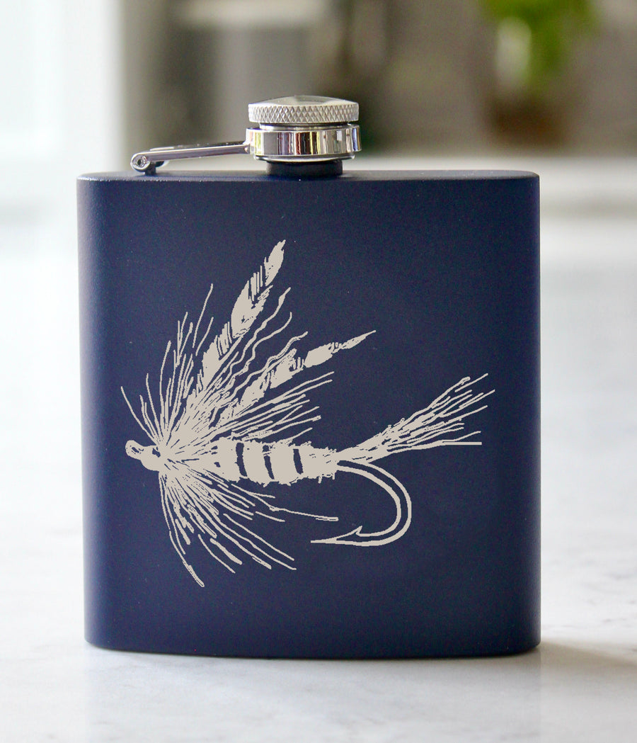 Fishing Fly Engraved Stainless Steel Flask - 6 oz.