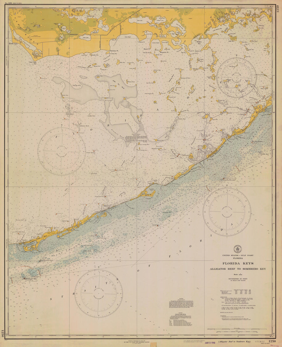 Florida Keys Map 1940 - Nautical Chart Print - Paper | Canvas | Metal
