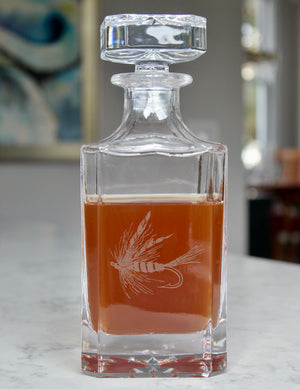 Fly Fishing Engraved Whiskey Decanter - 26oz Square Crystal Decanter with Stopper