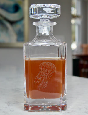 Jellyfish Engraved Whiskey Decanter - 26oz Square Crystal Decanter with Stopper