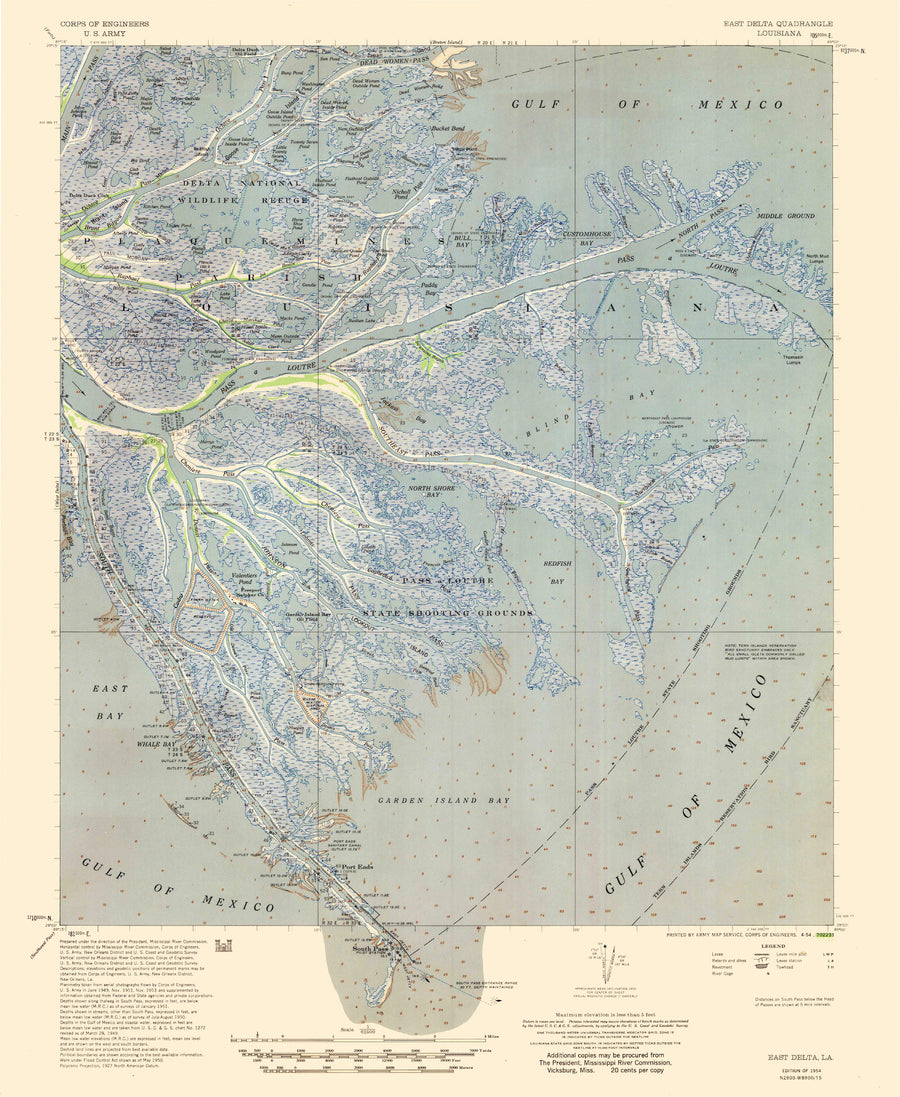 Mississippi River Delta East Map - 1954