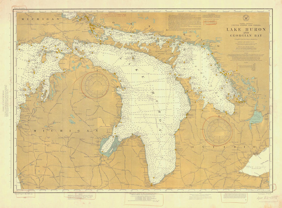 Lake Huron Map 1918 - Nautical Chart Print - Paper | Canvas | Metal