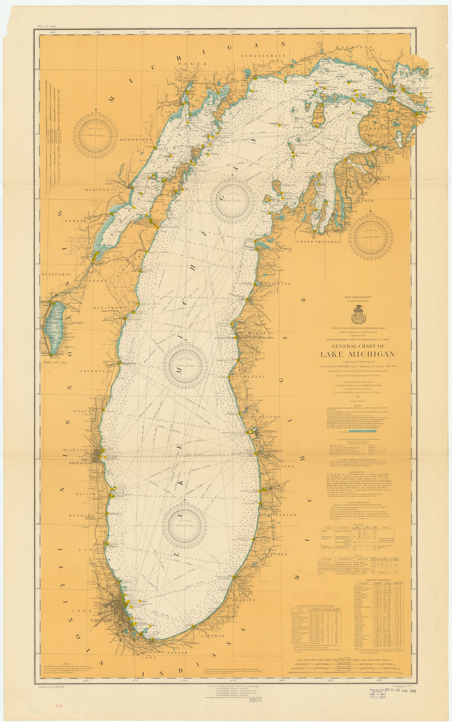 Lake Michigan Map 1915 - Nautical Chart Print - Paper | Canvas | Metal