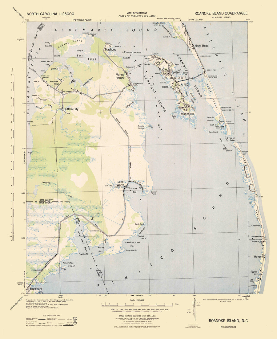 Roanoke Island, North Carolina Map - 1943