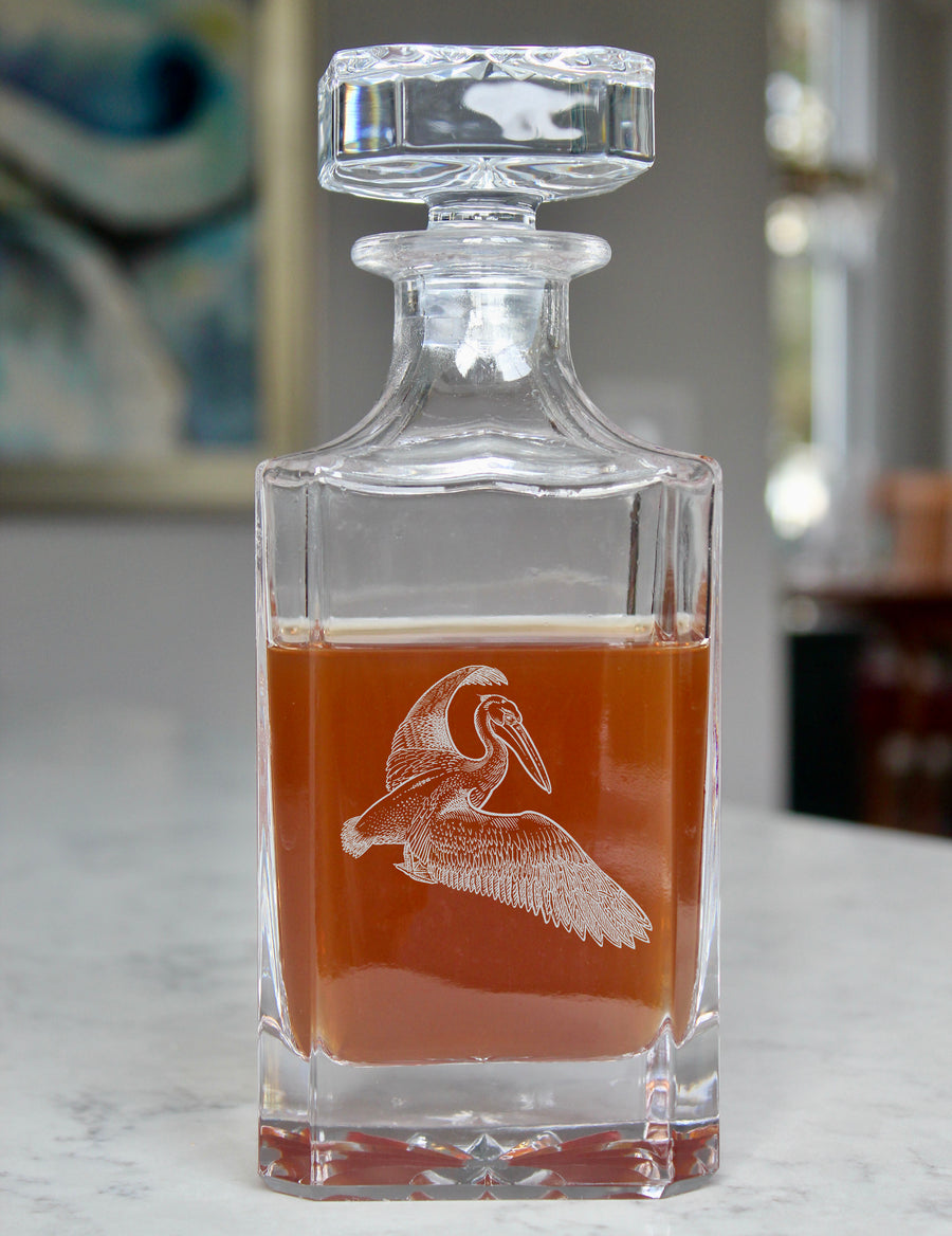 Pelican Engraved Whiskey Decanter - 26oz Square Crystal Decanter with Stopper