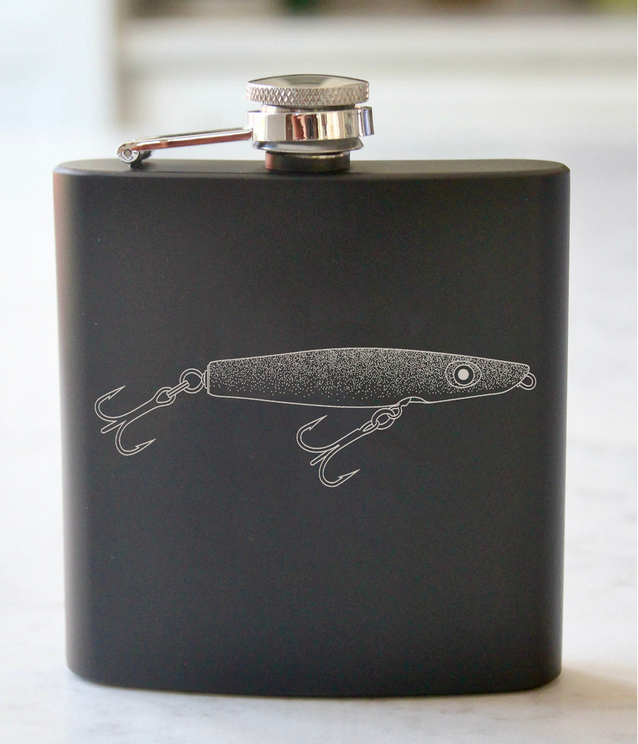 Pencil Popper Fishing Lure Engraved Stainless Steel Flask - 6 oz.