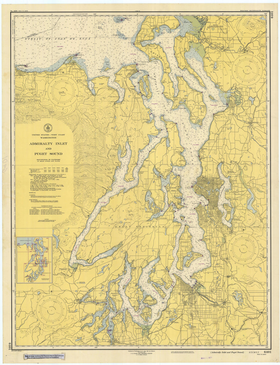 Puget Sound Map & Admiralty Inlet 1948 - Nautical Chart Print - Paper | Canvas | Metal