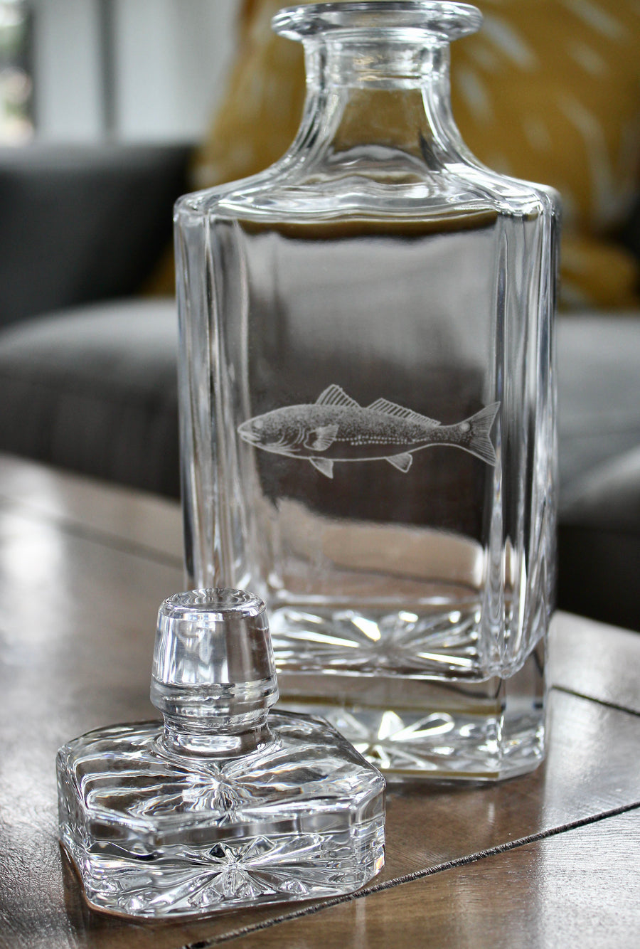 Redfish Engraved Whiskey Decanter - 26oz Square Crystal Decanter with Stopper