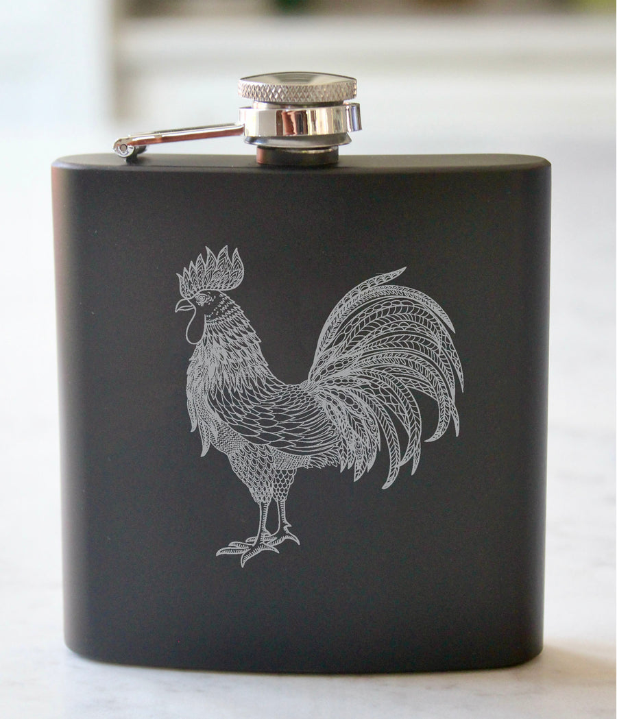 Rooster Engraved Stainless Steel Flask - 6 oz.