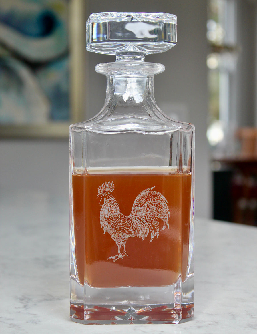 Rooster Engraved Whiskey Decanter - 26oz Square Crystal Decanter with Stopper