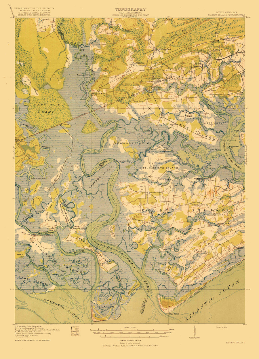 Edisto - South Carolina Map 1919- Nautical Chart Print - Paper | Canvas | Metal