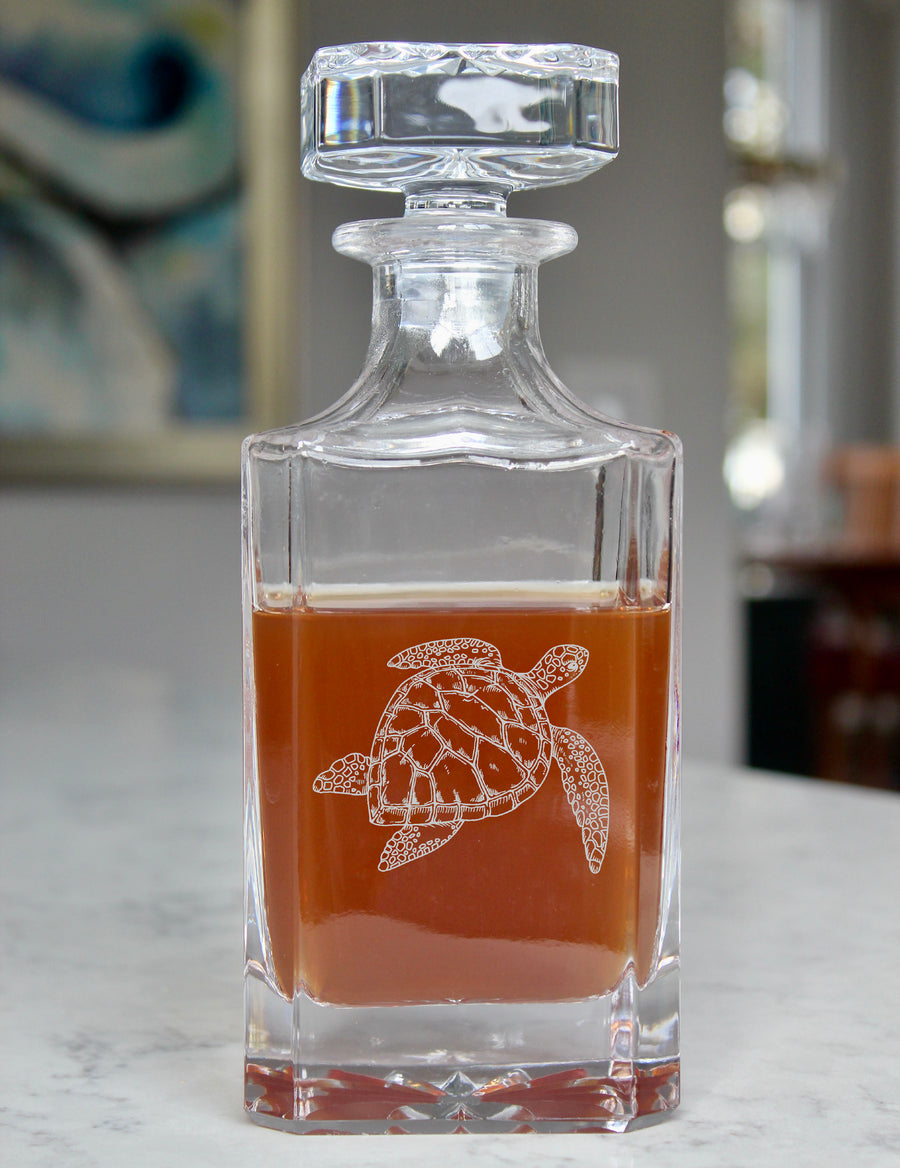 Sea Turtle Engraved Whiskey Decanter - 26oz Square Crystal Decanter with Stopper