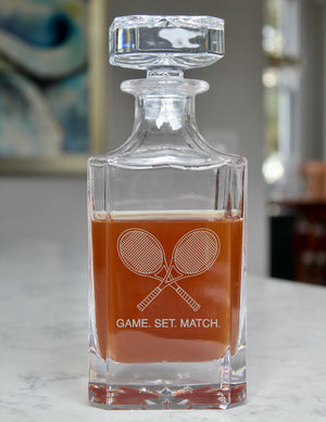 Tennis - Game. Set. Match Engraved Whiskey Decanter - 26oz Square Crystal Decanter with Stopper