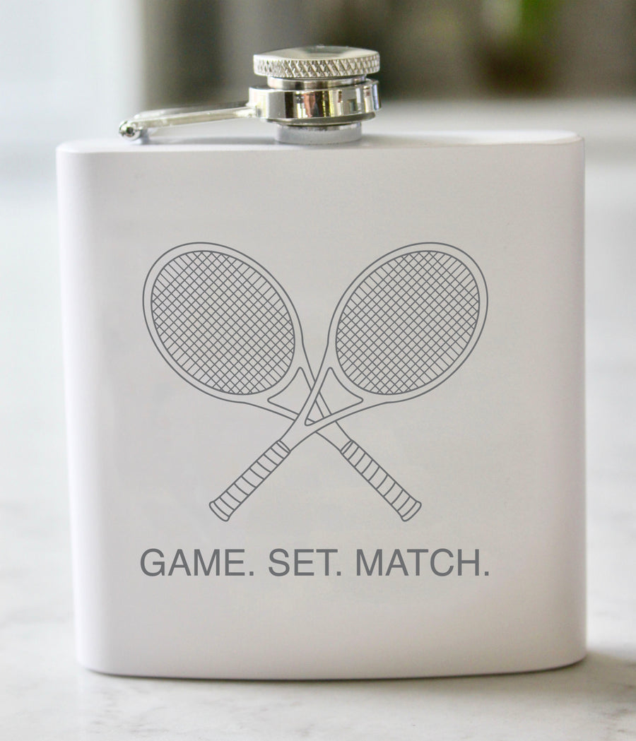 Tennis - Game. Set. Match Engraved Stainless Steel Flask - 6 oz.