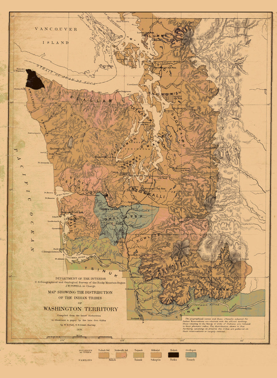 Washington Territory Map - Native American Tribes 1876 - Nautical Chart Print - Paper | Canvas | Metal