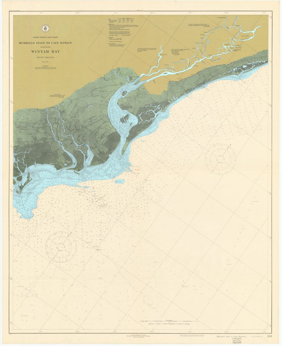 Winyah Bay Map - Murrell's Inlet to Cape Romain 1919 (colored) - Nautical Chart Print - Paper | Canvas | Metal