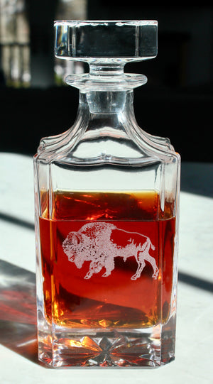 Bison Engraved Whiskey Decanter - 26oz Square Crystal Decanter with Stopper