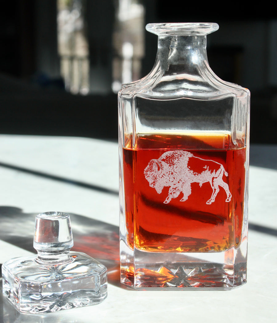 Bison Engraved Whiskey Decanter - 26oz Square Crystal Decanter with Stopper