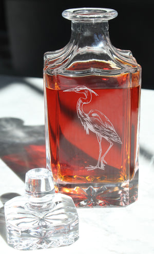 Blue Heron Engraved Whiskey Decanter - 26oz Square Crystal Decanter with Stopper
