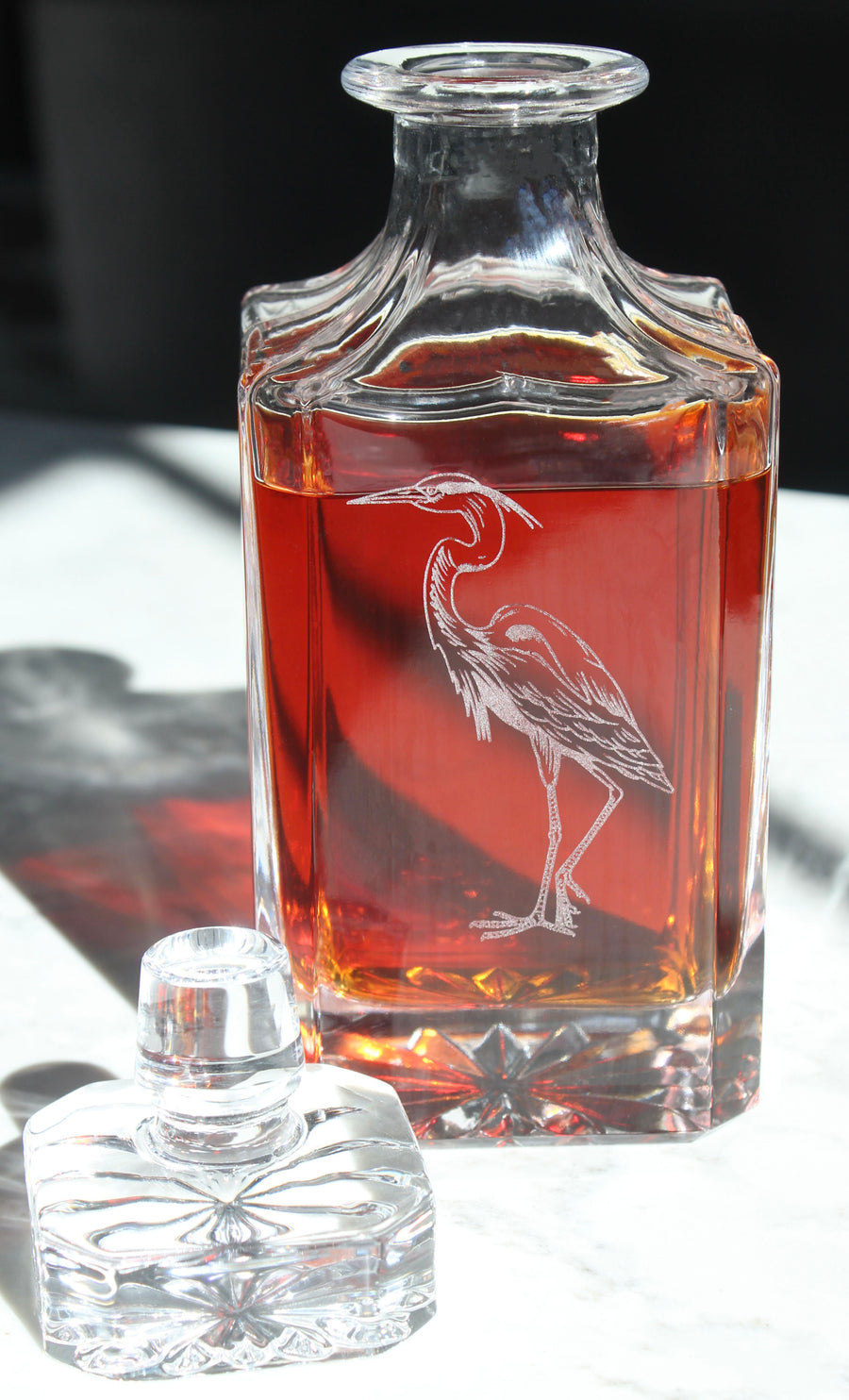 Blue Heron Engraved Whiskey Decanter - 26oz Square Crystal Decanter with Stopper