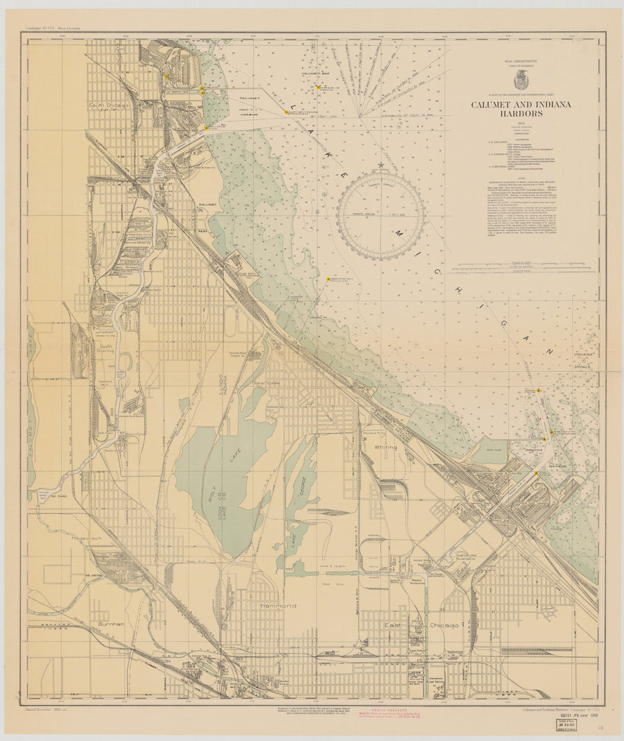 Calumet and Indiana Harbors - Lake Michigan Map - 1933