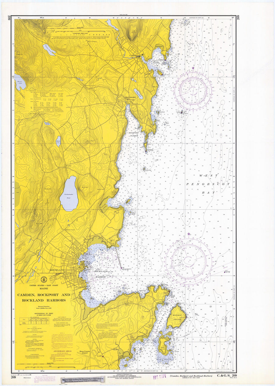 Camden, Rockport and Rockland Harbors Map 1969