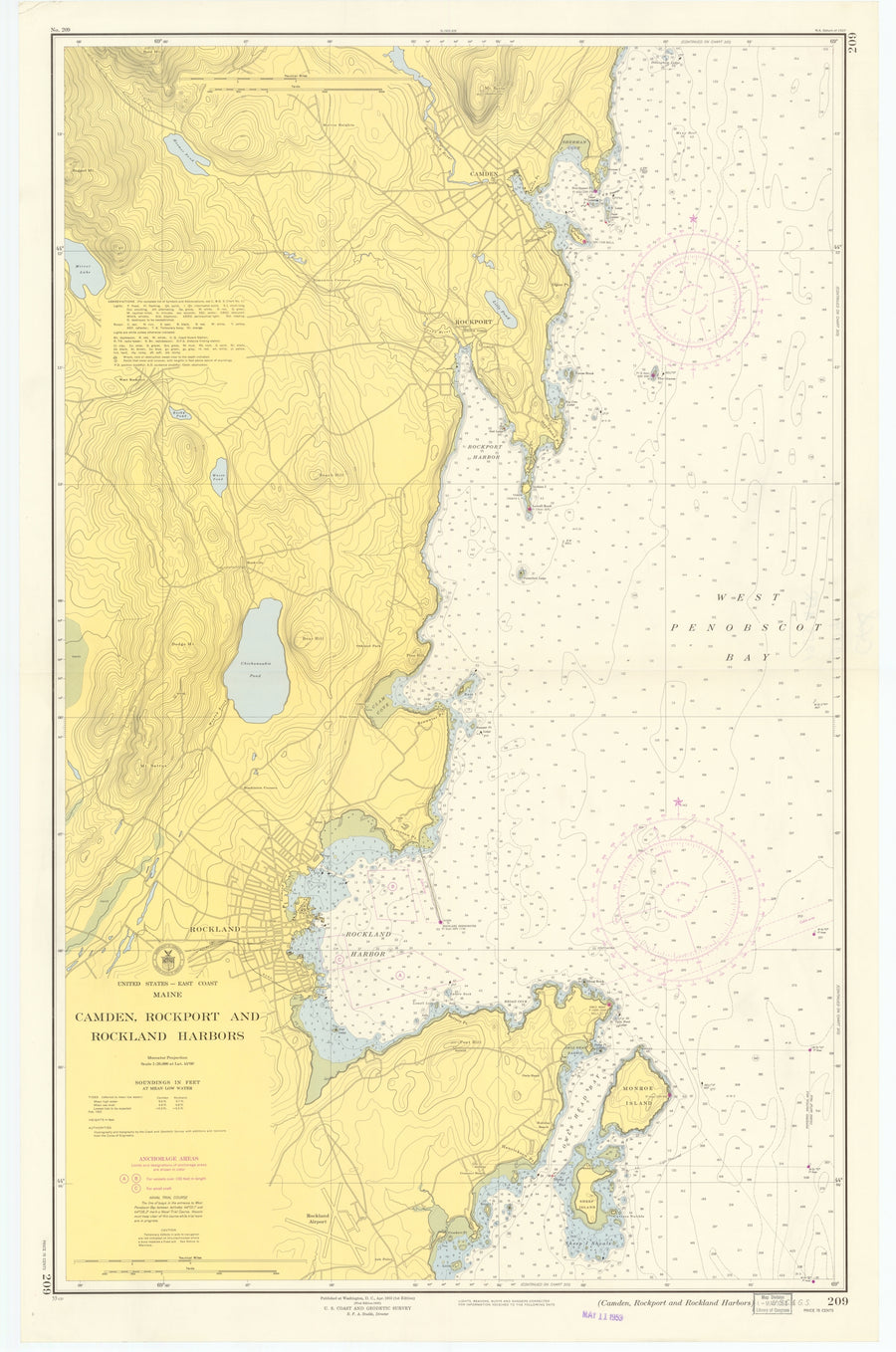 Camden, Rockport and Rockland Harbors Map 1953