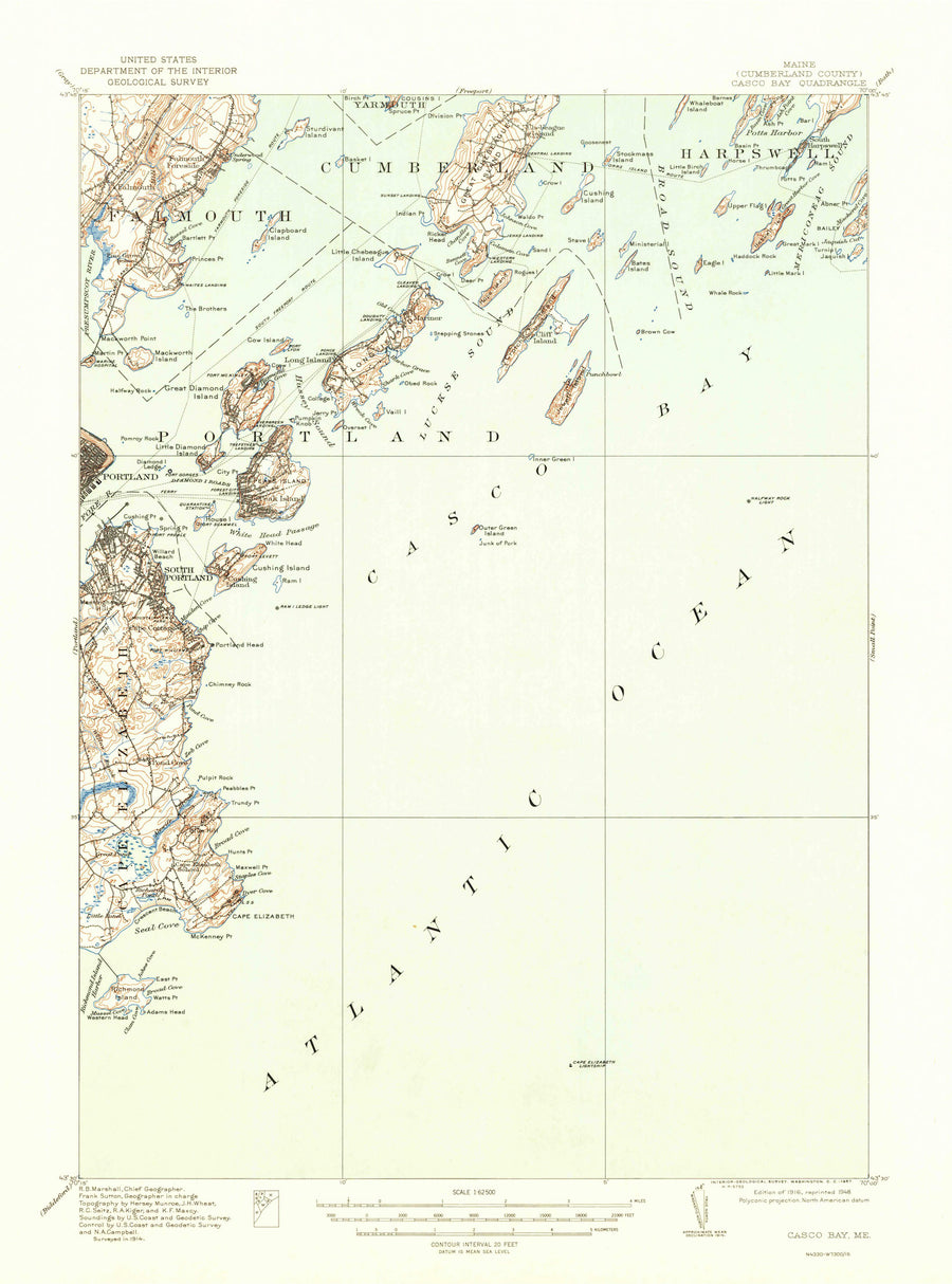 Casco Bay Topographic Map - 1916