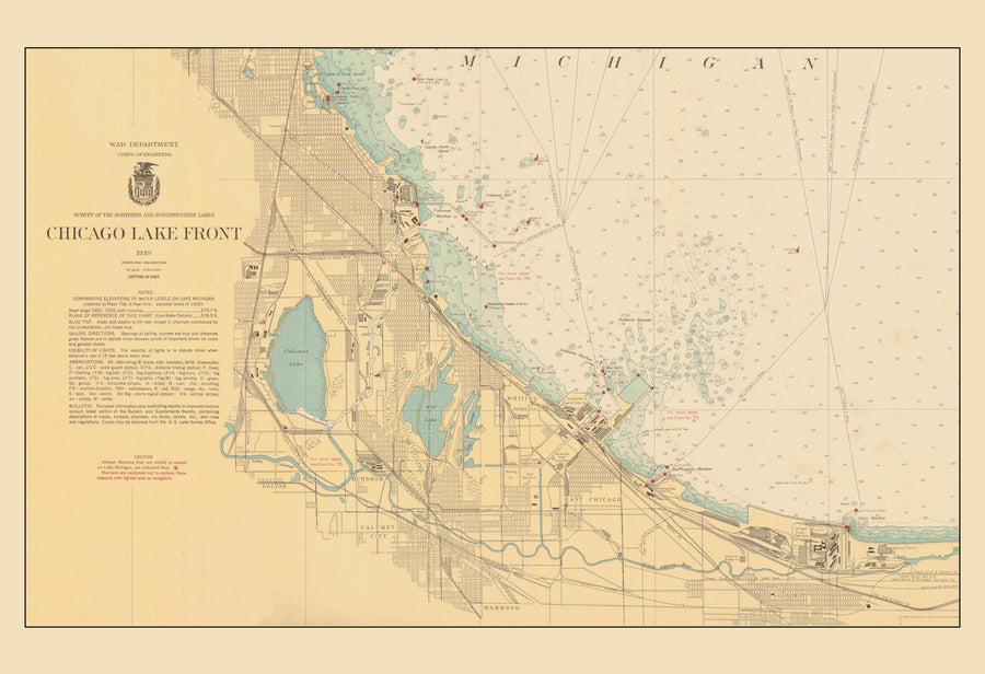 Lake Michigan Map - Chicago Lake Front South - 1939