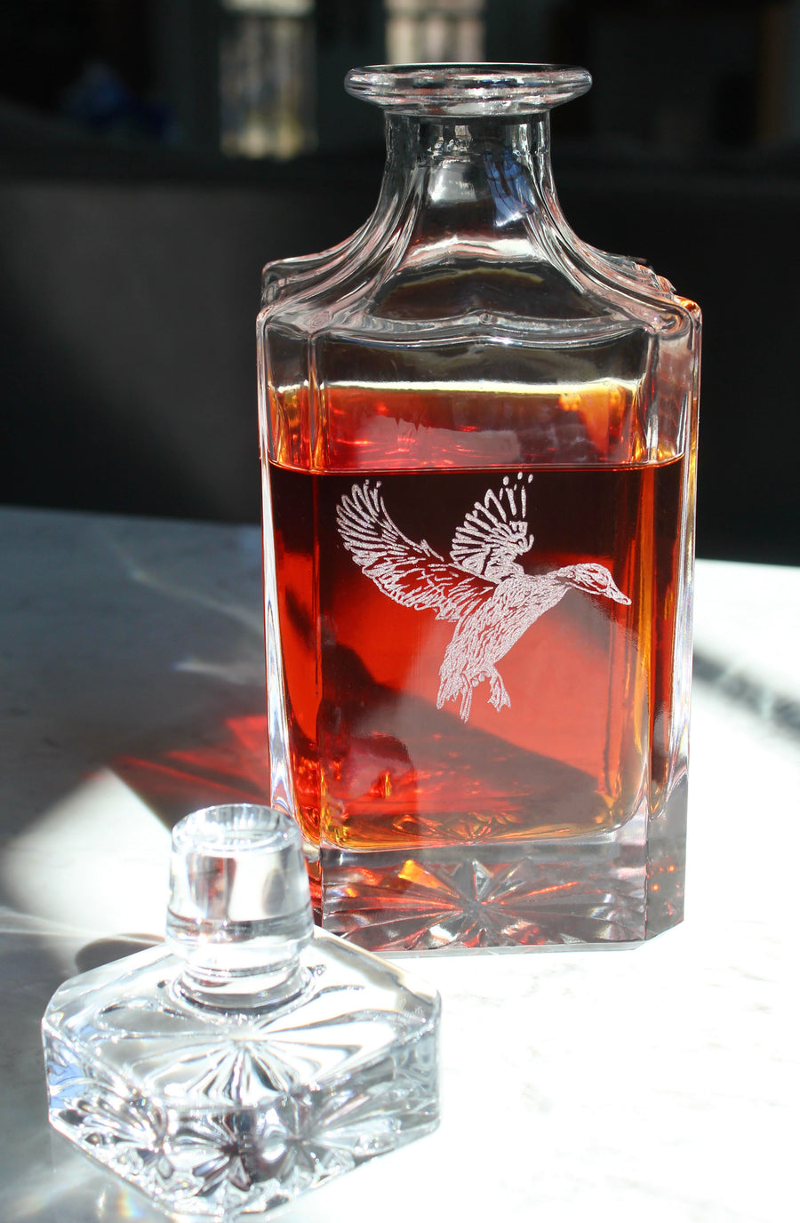 Duck Engraved Whiskey Decanter - 26oz Square Crystal Decanter with Stopper
