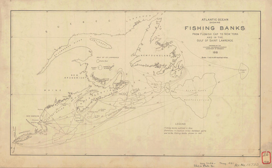 North Atlantic Fishing Banks Map - 1918