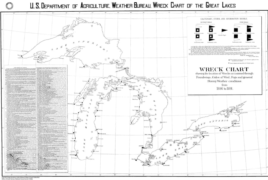 Great Lakes Wreck Chart Map - 1891