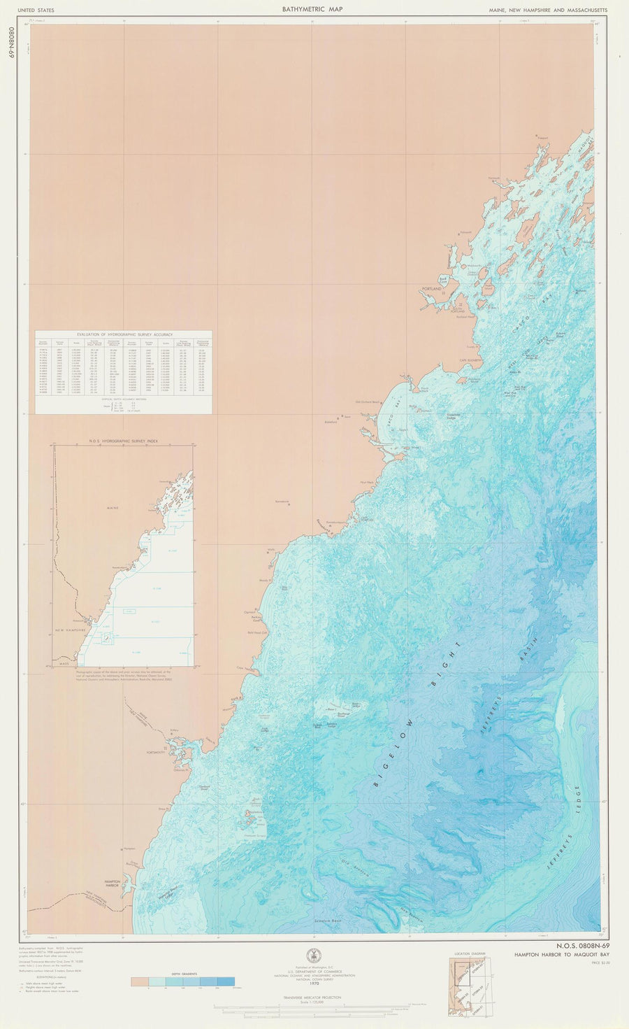 Hampton Harbor to Casco Bay Bathymetric Fishing Map - 1970