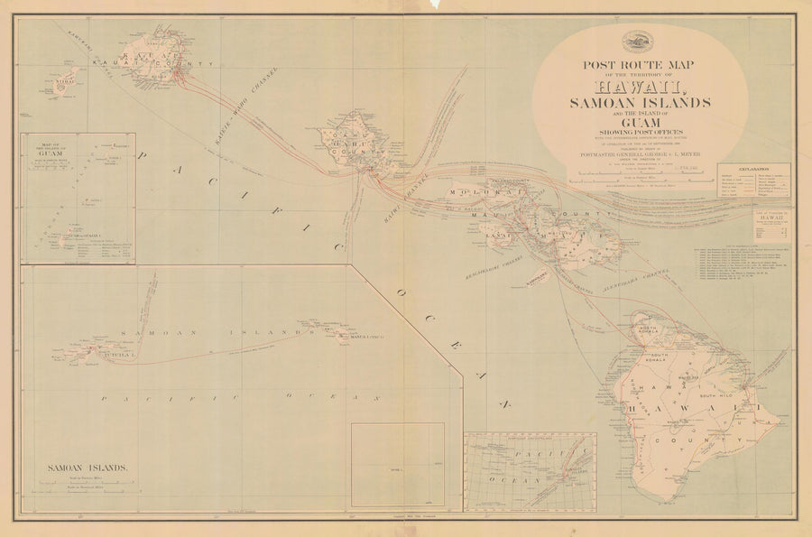 Hawaii - Guam - Samoan Islands Post Route Map - 1908