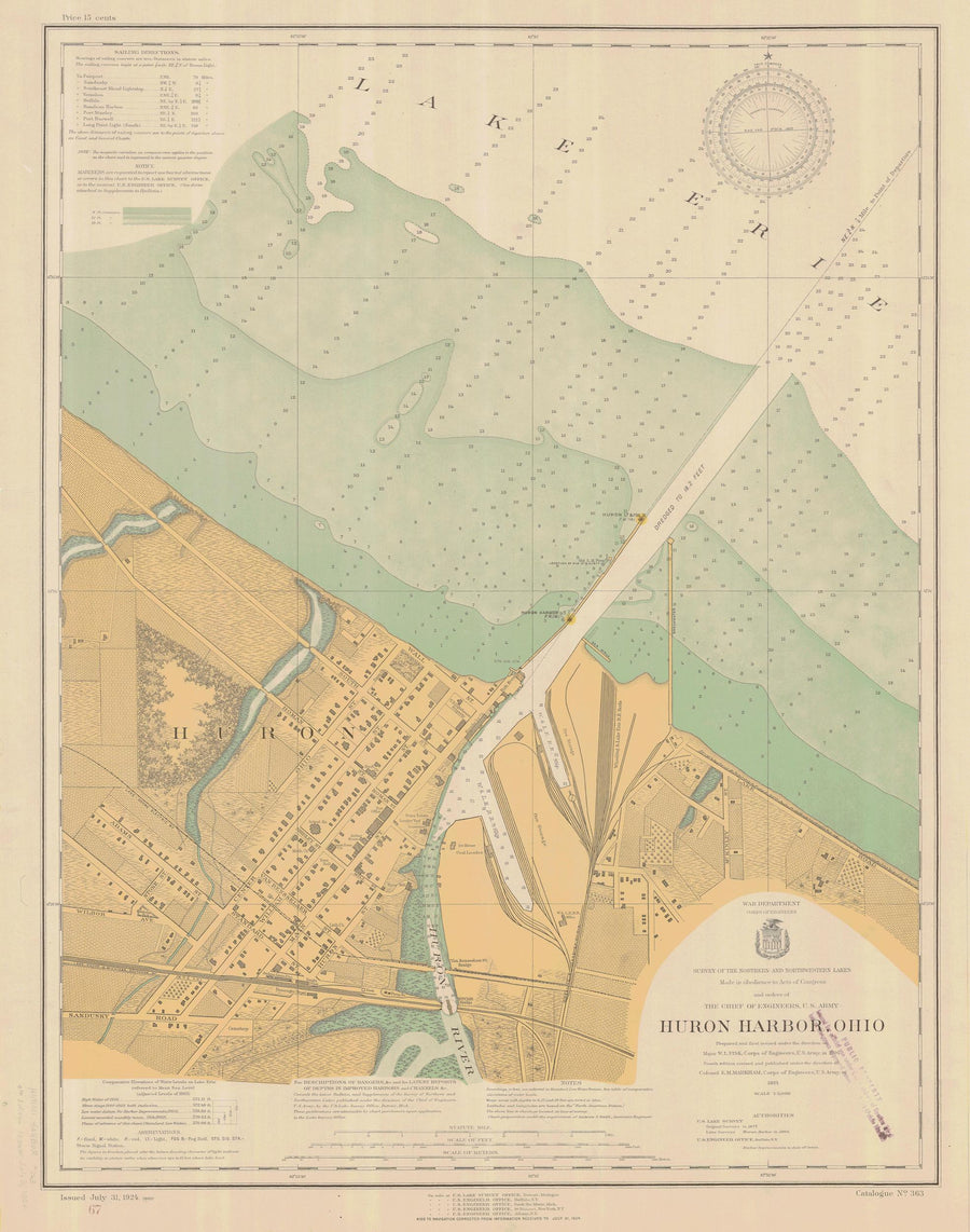 Huron Harbor Map - Lake Erie Chart - 1924