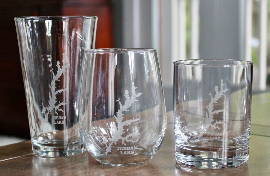 Jordan Lake (NC) Map Engraved Glasses