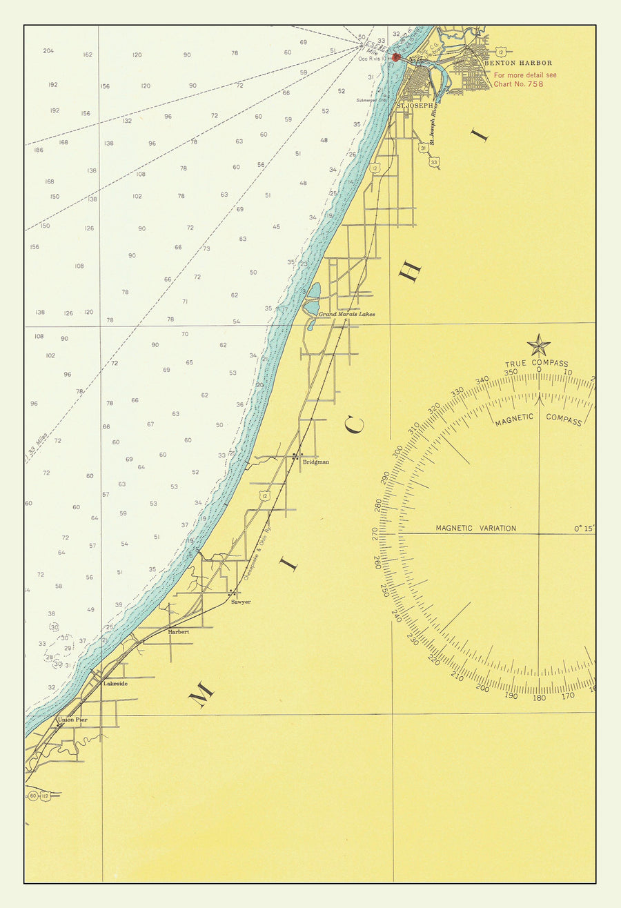 Lake Michigan Map - Eastern Shore & Benton Harbor - 1947