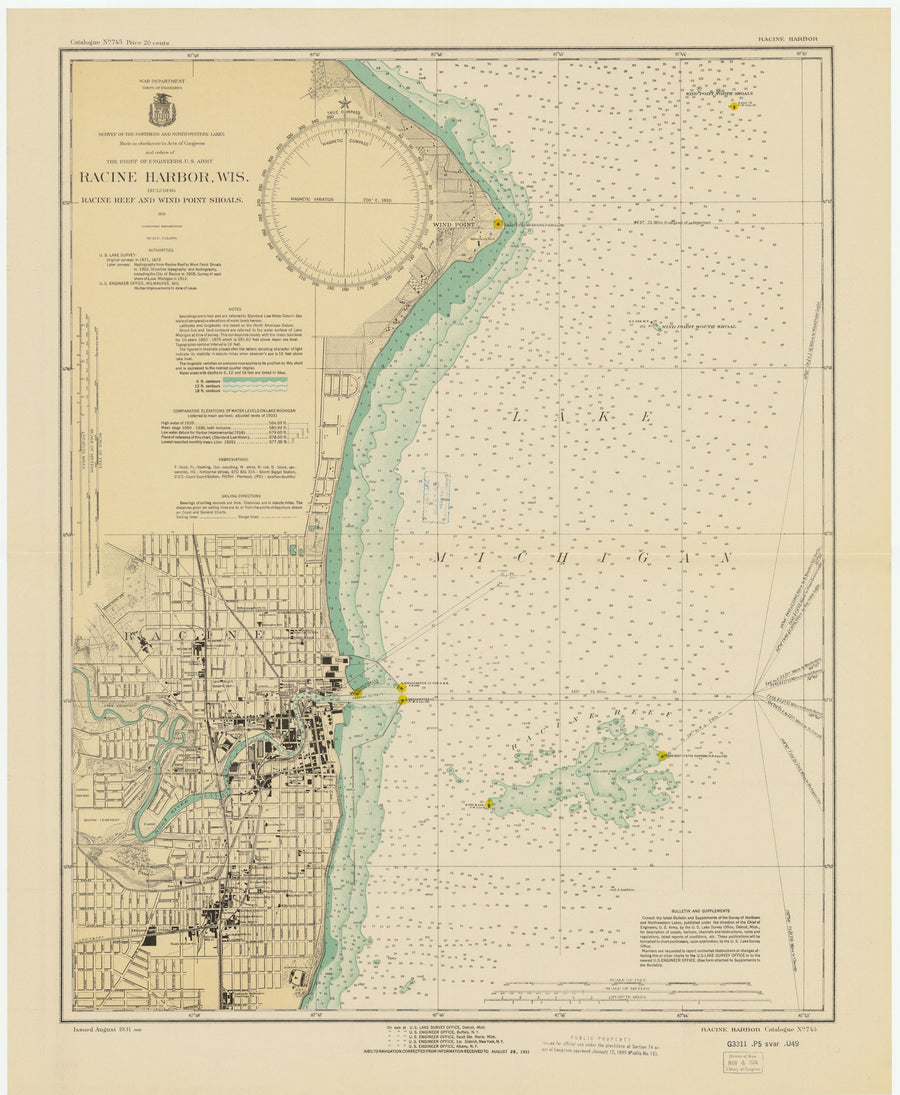 Lake Michigan - Racine Harbor Map - 1931