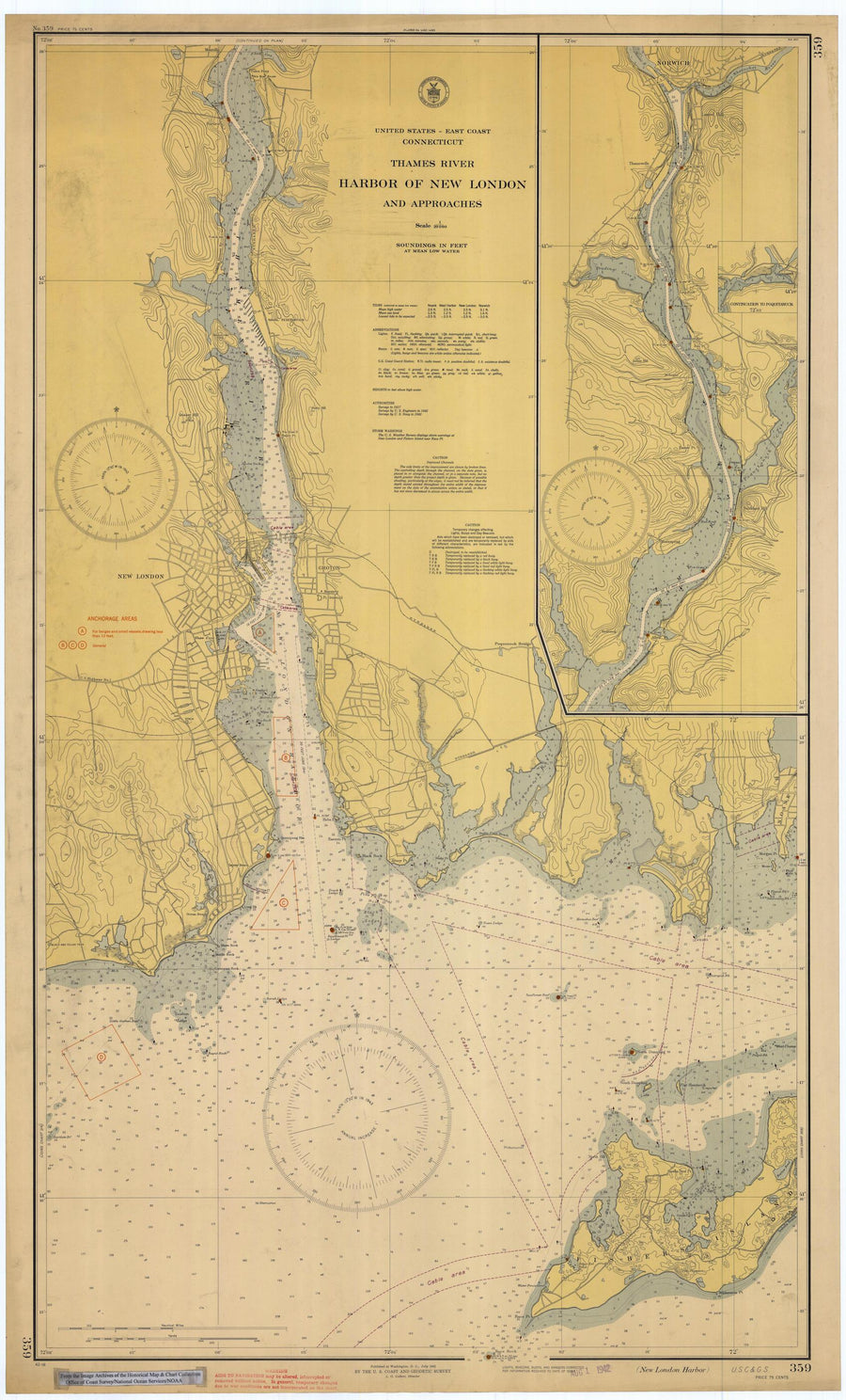 New London Harbor - Thames River Map - 1942