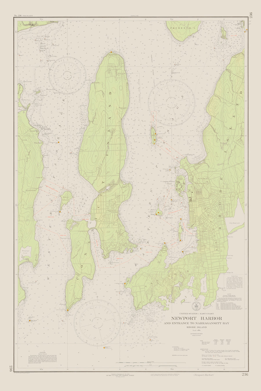 Narragansett Bay & Newport Harbor Historical Map - 1934 (green)